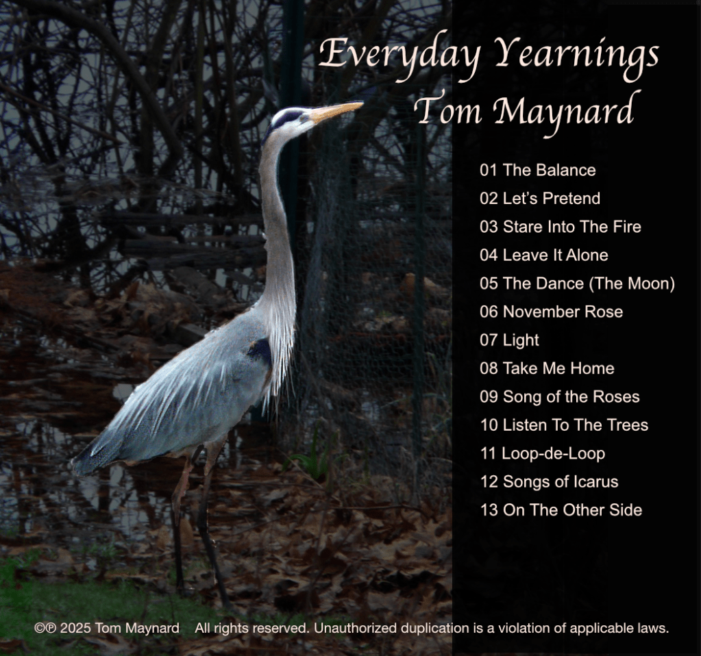 Every Day Yearnings back cover, depicting a Heron looking at the album title and artist name, then listing the tracks.
